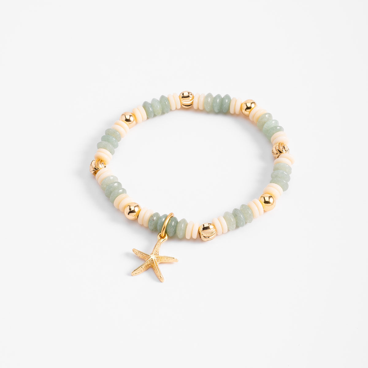 Pulsera en baño de oro con cuentas verde y crema
