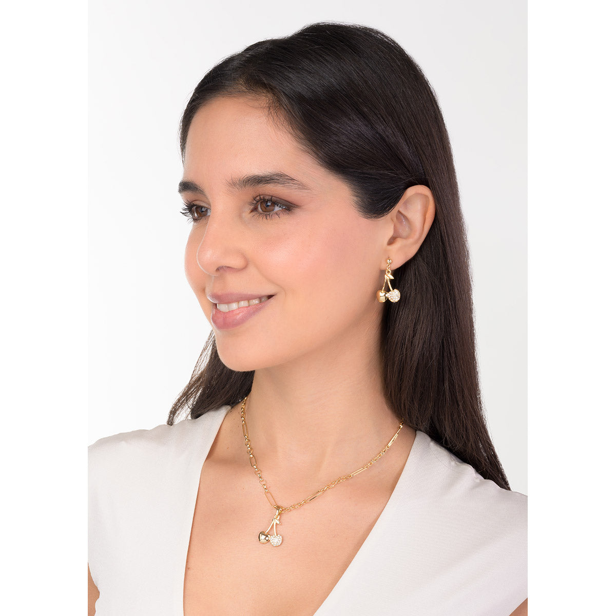 Aretes en baño de oro diseño de cereza con toque brillante