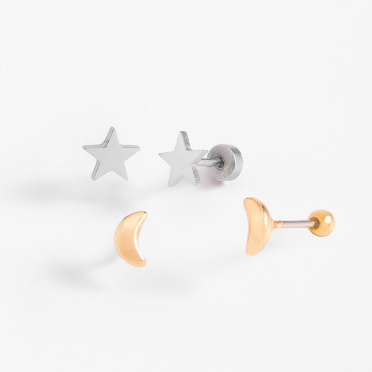 Aretes bitono diseño estrella y luna en baño de oro y platino