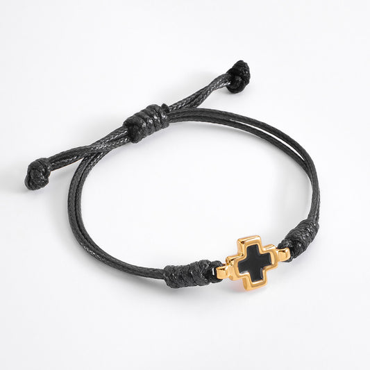 Pulsera de cordón negro con cruz en oro ideal para papá