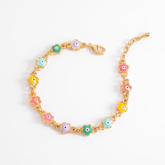 Pulsera baño de oro flores ojo turco protección