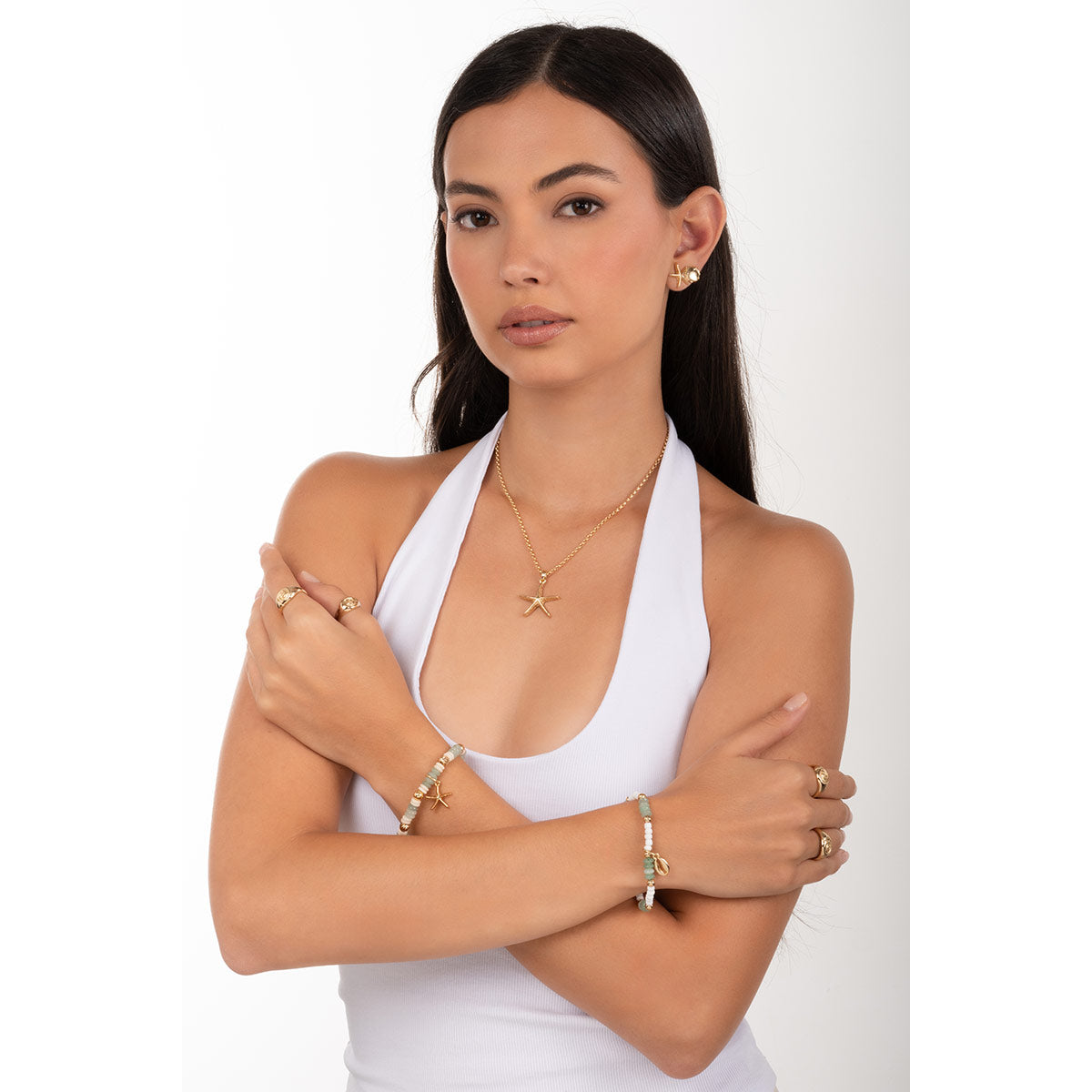 Pulsera en baño de oro con cuentas verde y crema